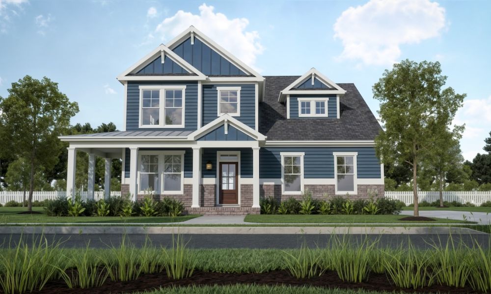 Rutherford Elevation A   w/ wrap porch and side load garage options