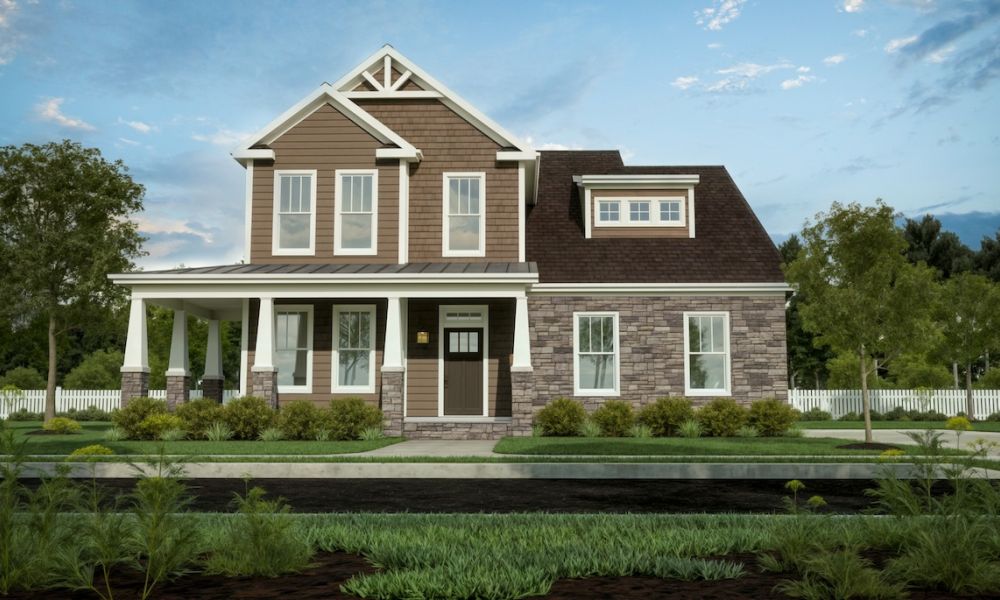 Rutherford Elevation B  w/ wrap porch and side load garage options